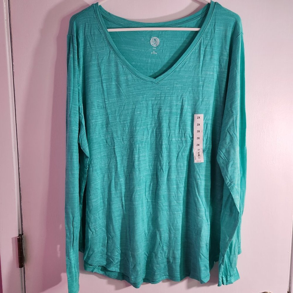 SO 2X relaxed long sleeve v-neck t-shirt NWT in teal